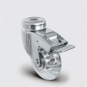 EU04DKP50F Oynak Delik Bağlantılı Frenli Polikarbonat Üzeri PVC Kaplı Şeffaf Tekerlek Çap:50 Çift Bilya Yataklı Maşa, Kendinden Burçlu, Tekeri ve Maşayı Kilitleyen Merkezi Fren Sistemi