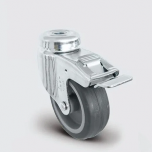 EU04MKT50F Oynak Delik Bağlantılı Frenli Termoplastik Kauçuk Kaplamalı Tekerlek Çap:50 Çift Bilya Yataklı Maşa, Kendinden Burçlu, Tekeri ve Maşayı Kilitleyen Merkezi Fren Sistemi