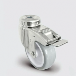 EU04ZKC50F Oynak Delik Bağlantılı Frenli Poliamid Üzeri PVC Kaplı Tekerlek Çap:50 Çift Bilya Yataklı Maşa, Kendinden Burçlu, Tekeri ve Maşayı Kilitleyen Merkezi Fren Sistemi