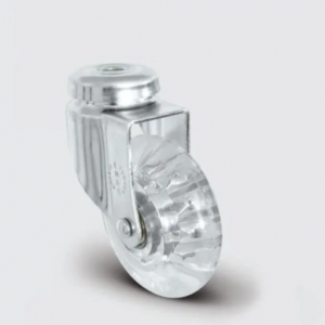 EU04DBP75 Oynak Delik Bağlantılı Polikarbonat Üzeri PVC Kaplı Şeffaf Tekerlek Çap:75 Bilya Rulmanlı Teker, Çift Bilya Yataklı Maşa