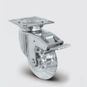 EU01DKP50F Döner Tablalı Frenli Polikarbonat Üzeri PVC Kaplı Şeffaf Tekerlek Çap:50 Çift Bilya Yataklı Maşa, Kendinden Burçlu, Tekeri ve Maşayı Kilitleyen Merkezi Fren Sistemi