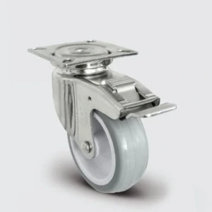 EU01ZKC50F Döner Tablalı Frenli Poliamid Üzeri PVC Kaplı Tekerlek Çap:50 Çift Bilya Yataklı Maşa, Kendinden Burçlu, Tekeri ve Maşayı Kilitleyen Merkezi Fren Sistemi